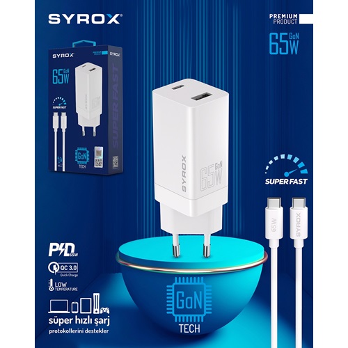 Syrox Type-C & Usb Giriş Başlık & Type-C Kablo 65W Quick Şarj