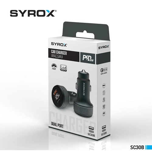 Syrox PD 30W / 3.1A Usb Metal LCD Ekran Araç Başlık